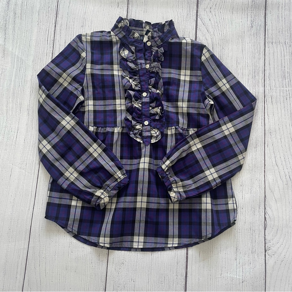 Chaps Purple Plaid Girls Long Sleeve Ruffle Blouse Size 6
